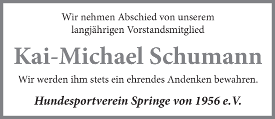 Traueranzeige von Kai-Michael Schumann von Neue Deister-Zeitung