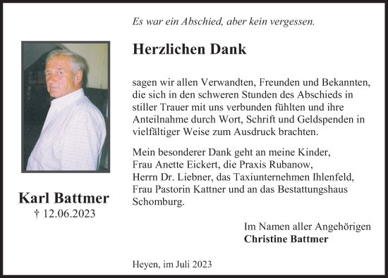 Traueranzeige von Karl Battmer von Deister- und Weserzeitung