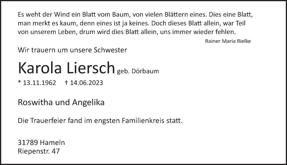 Traueranzeige für Karola Liersch vom 08.07.2023 aus Deister- und Weserzeitung