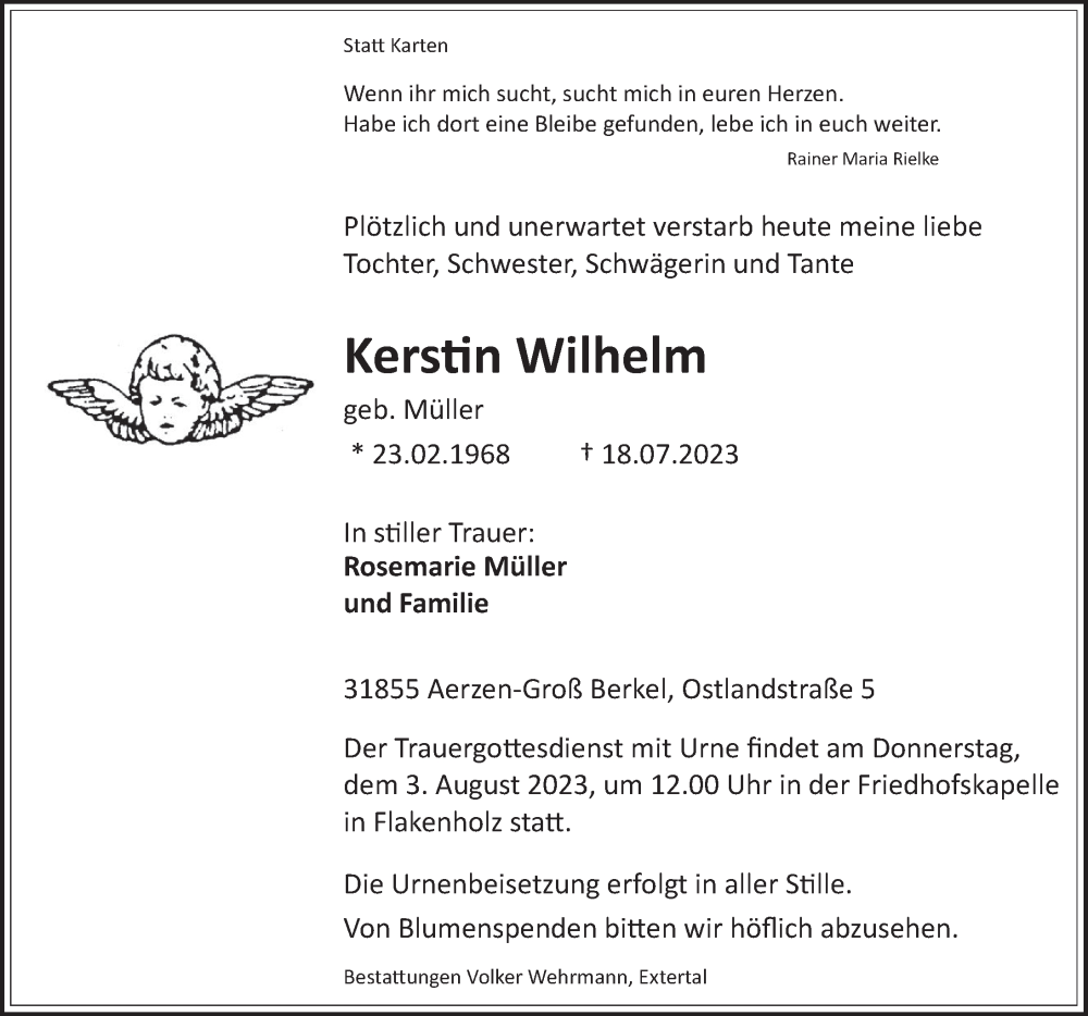  Traueranzeige für Kerstin Wilhelm vom 29.07.2023 aus Deister- und Weserzeitung