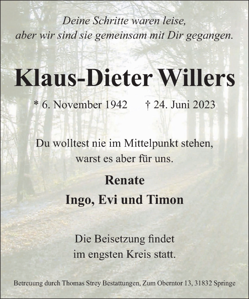  Traueranzeige für Klaus-Dieter Willers vom 15.07.2023 aus Neue Deister-Zeitung