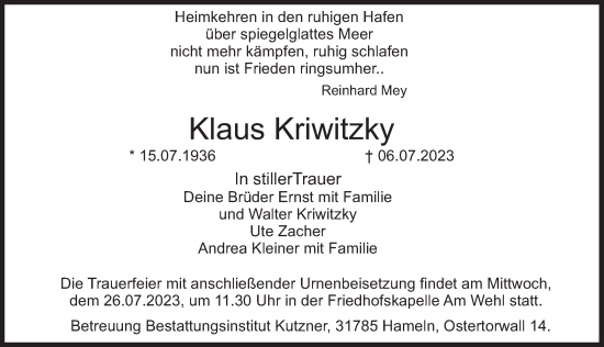 Traueranzeige von Klaus Kriwitzky von Deister- und Weserzeitung