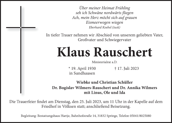 Traueranzeige von Klaus Rauschert von Neue Deister-Zeitung