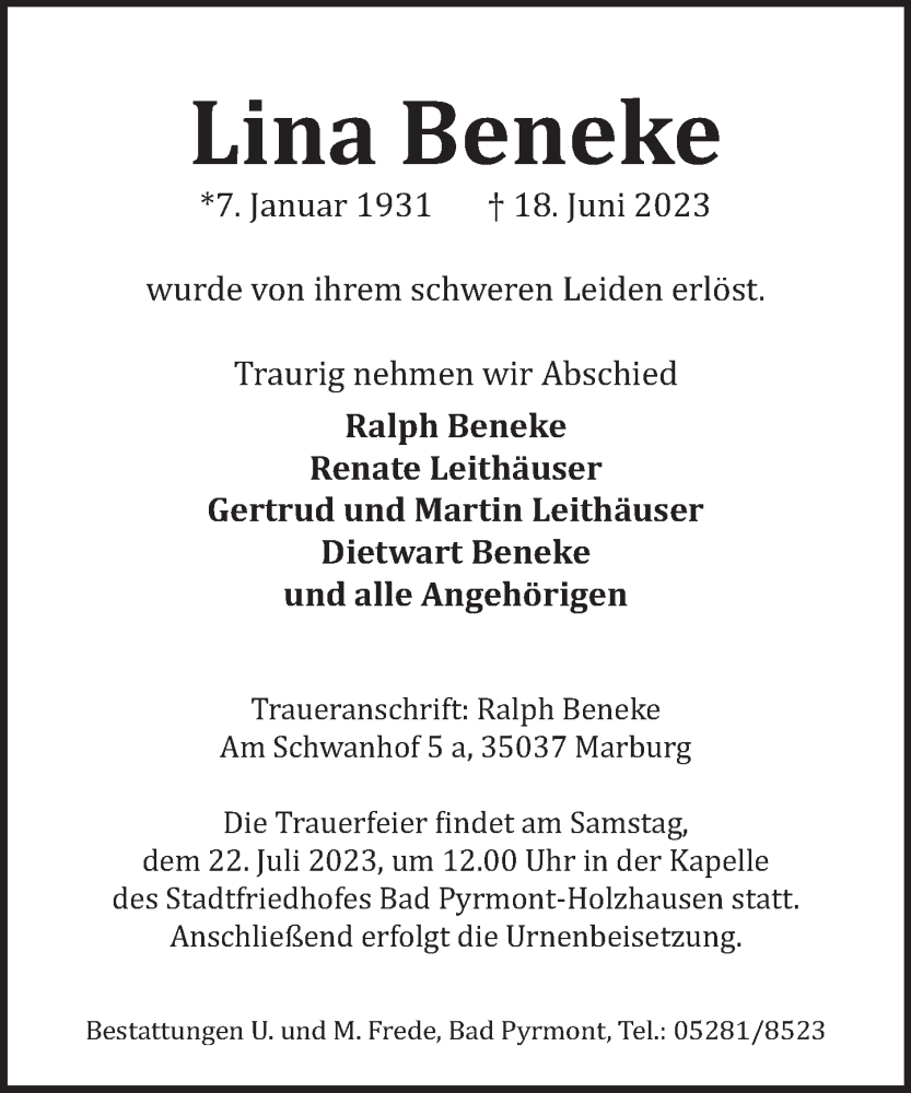  Traueranzeige für Lina Beneke vom 15.07.2023 aus Deister- und Weserzeitung