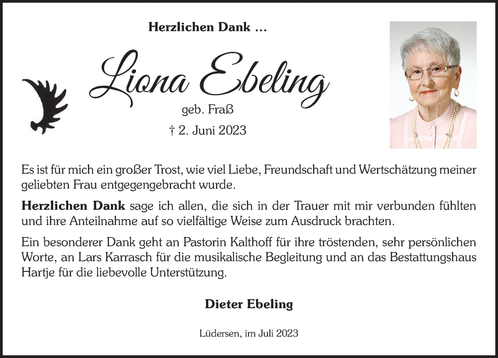  Traueranzeige für Liona Ebeling vom 08.07.2023 aus Neue Deister-Zeitung