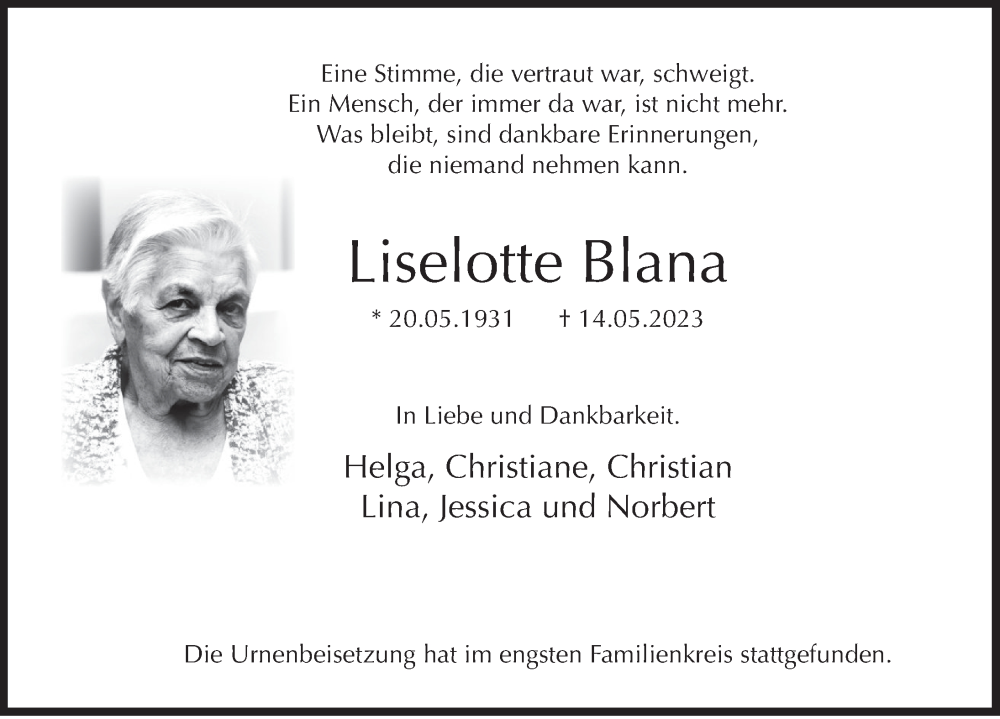  Traueranzeige für Liselotte Blana vom 01.07.2023 aus Deister- und Weserzeitung
