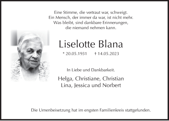 Traueranzeige von Liselotte Blana von Deister- und Weserzeitung