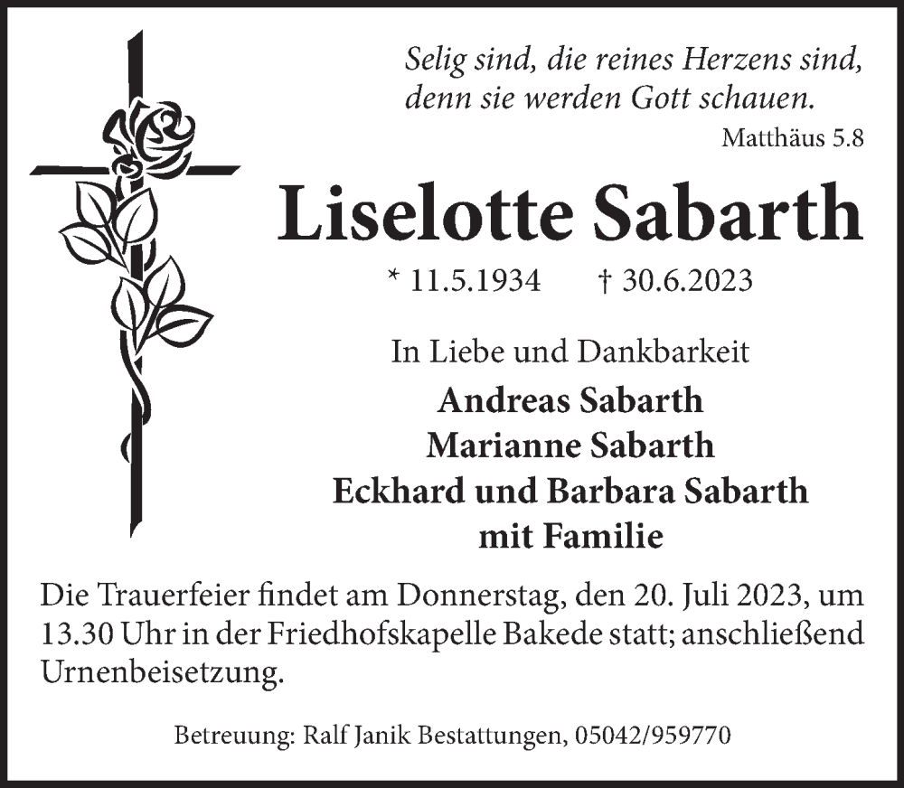  Traueranzeige für Liselotte Sabarth vom 15.07.2023 aus Neue Deister-Zeitung
