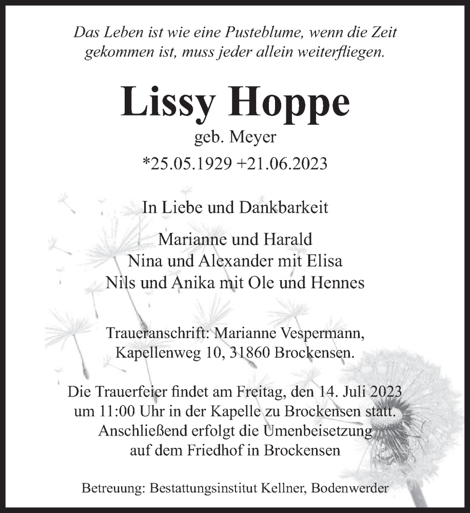  Traueranzeige für Lissy Hoppe vom 08.07.2023 aus Deister- und Weserzeitung