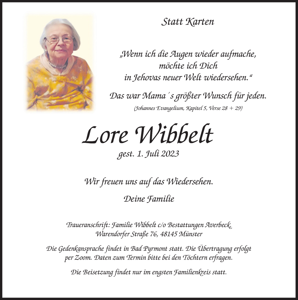  Traueranzeige für Lore Wibbelt vom 15.07.2023 aus Deister- und Weserzeitung