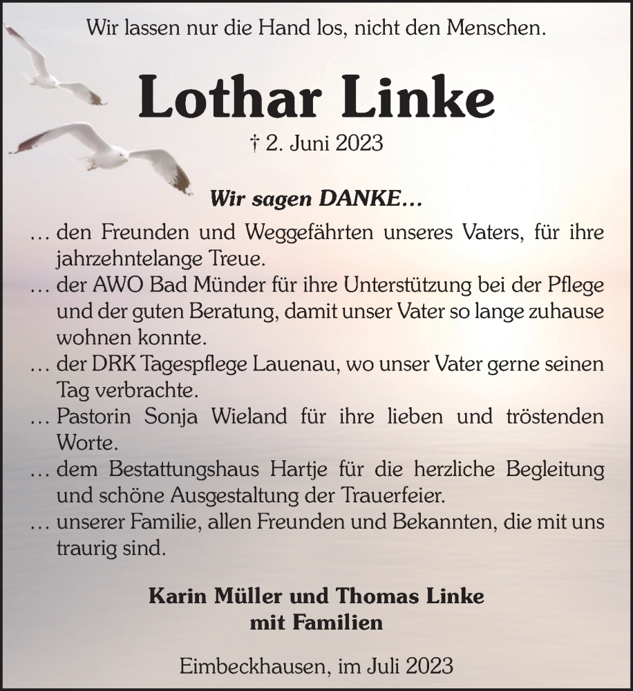  Traueranzeige für Lothar Linke vom 15.07.2023 aus Neue Deister-Zeitung