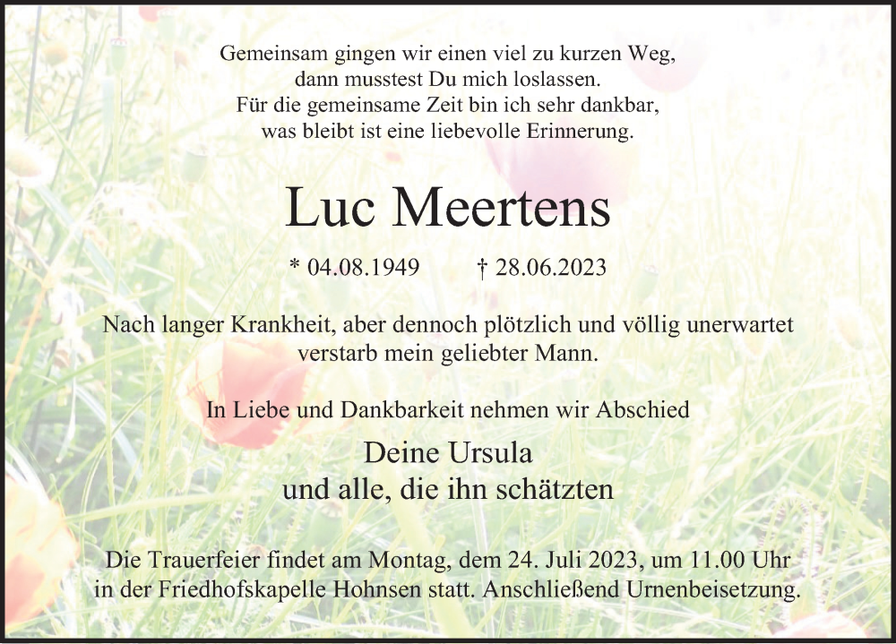  Traueranzeige für Luc Meertens vom 15.07.2023 aus Deister- und Weserzeitung