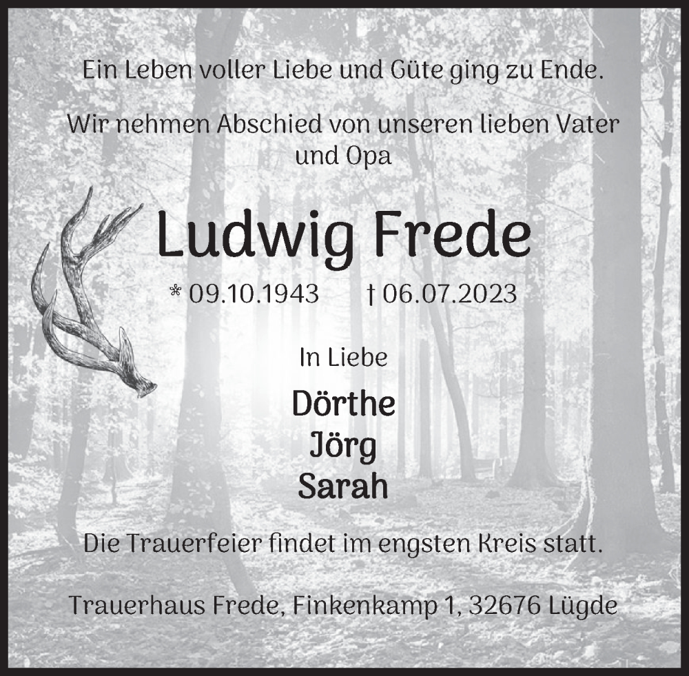  Traueranzeige für Ludwig Frede vom 15.07.2023 aus Deister- und Weserzeitung