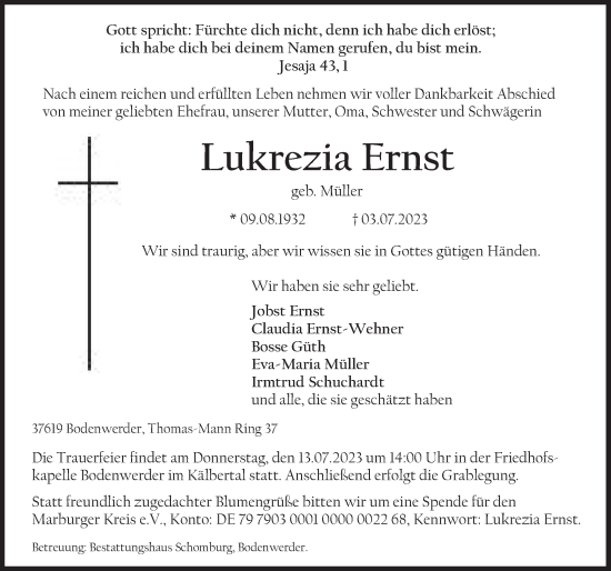 Traueranzeige von Lukrezia Ernst von Deister- und Weserzeitung