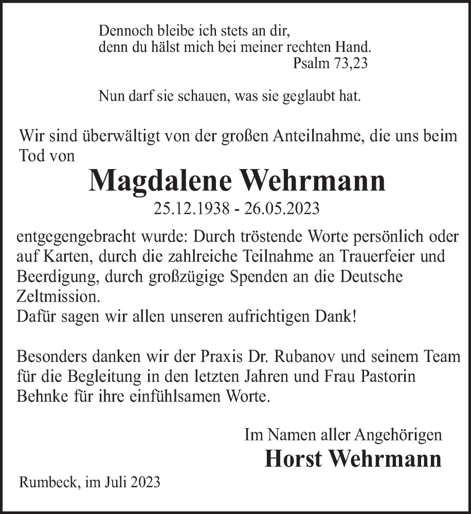  Traueranzeige für Magdalene Wehrmann vom 07.07.2023 aus Deister- und Weserzeitung
