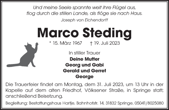 Traueranzeige von Marco Steding von Neue Deister-Zeitung