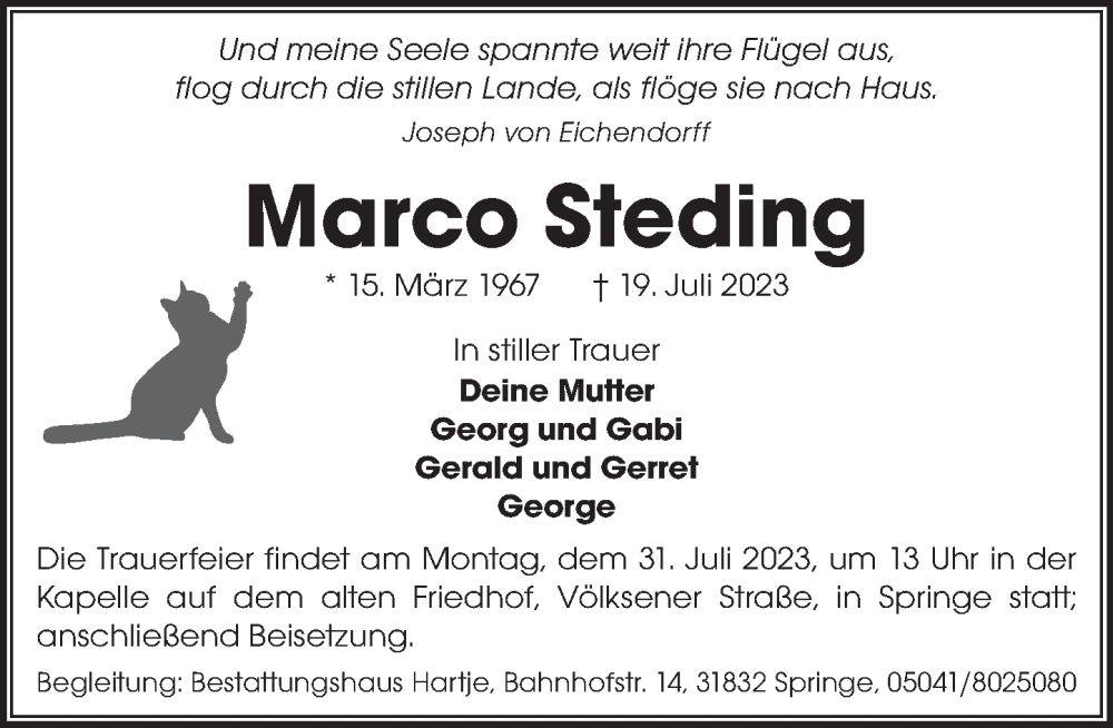  Traueranzeige für Marco Steding vom 22.07.2023 aus Neue Deister-Zeitung