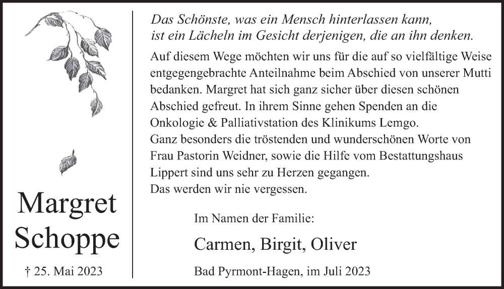  Traueranzeige für Margret Schoppe vom 01.07.2023 aus Deister- und Weserzeitung