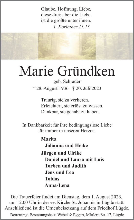 Traueranzeige von Marie Gründken von Deister- und Weserzeitung