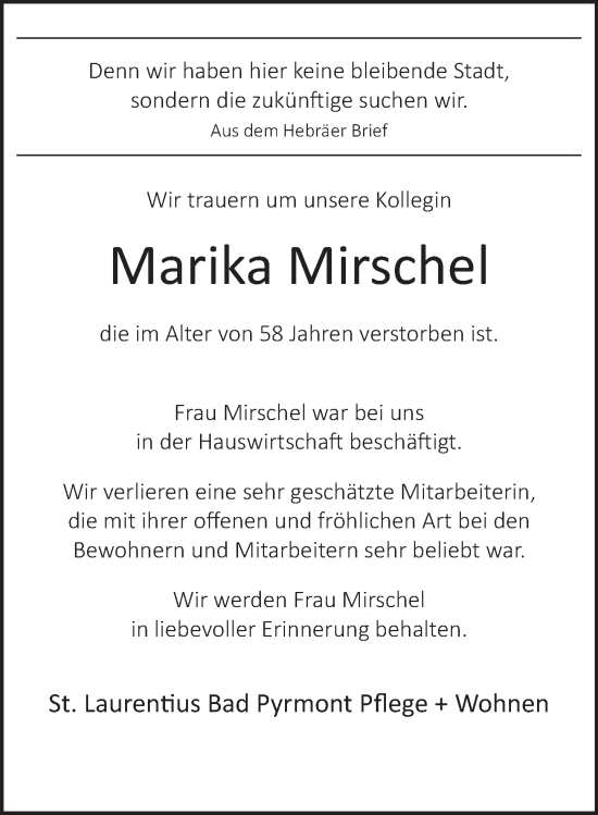 Traueranzeige von Marika Mirschel von Deister- und Weserzeitung