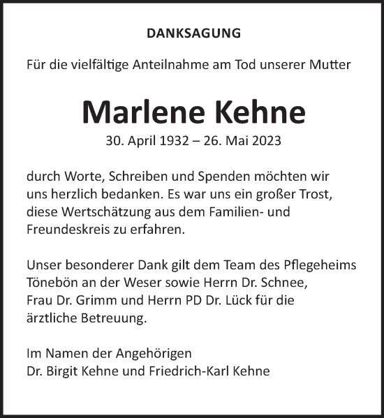 Traueranzeige von Marlene Kehne von Deister- und Weserzeitung