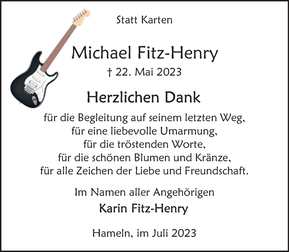  Traueranzeige für Michael Fitz-Henry vom 08.07.2023 aus Deister- und Weserzeitung