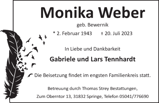 Traueranzeige von Monika Weber von Neue Deister-Zeitung