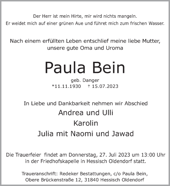 Traueranzeige von Paula Bein von Deister- und Weserzeitung