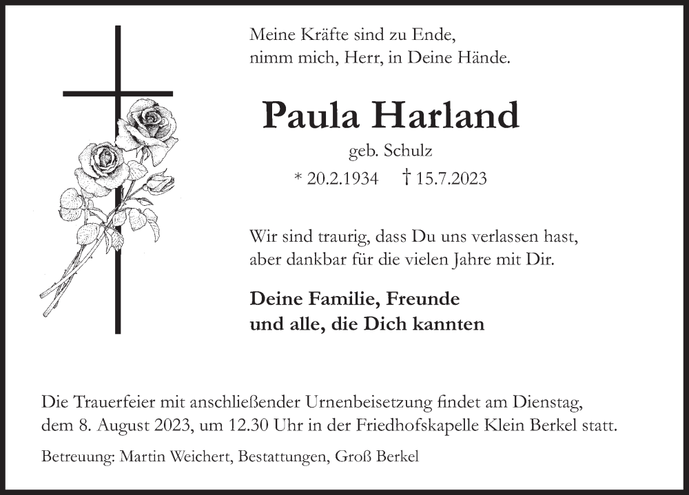  Traueranzeige für Paula Harland vom 29.07.2023 aus Deister- und Weserzeitung