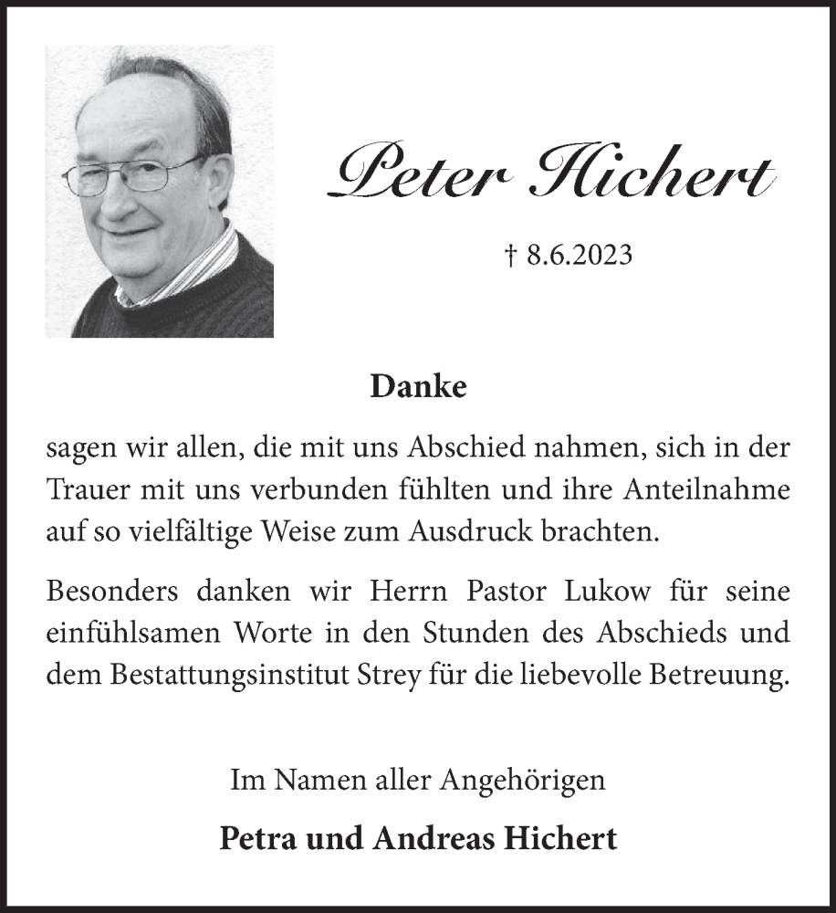  Traueranzeige für Peter Hichert vom 22.07.2023 aus Neue Deister-Zeitung