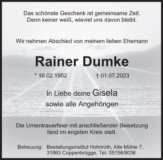 Traueranzeige von Rainer Dumke von Deister- und Weserzeitung