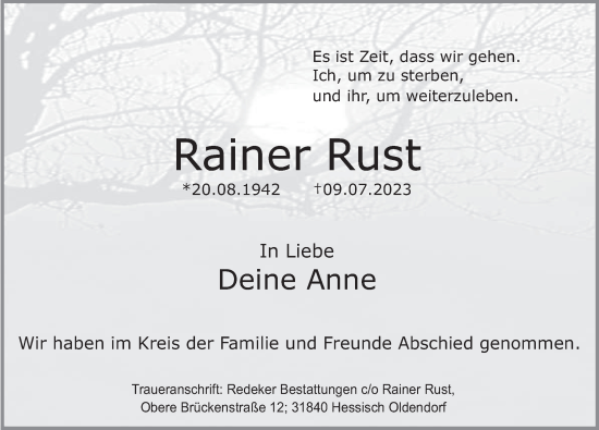 Traueranzeige von Rainer Rust von Deister- und Weserzeitung