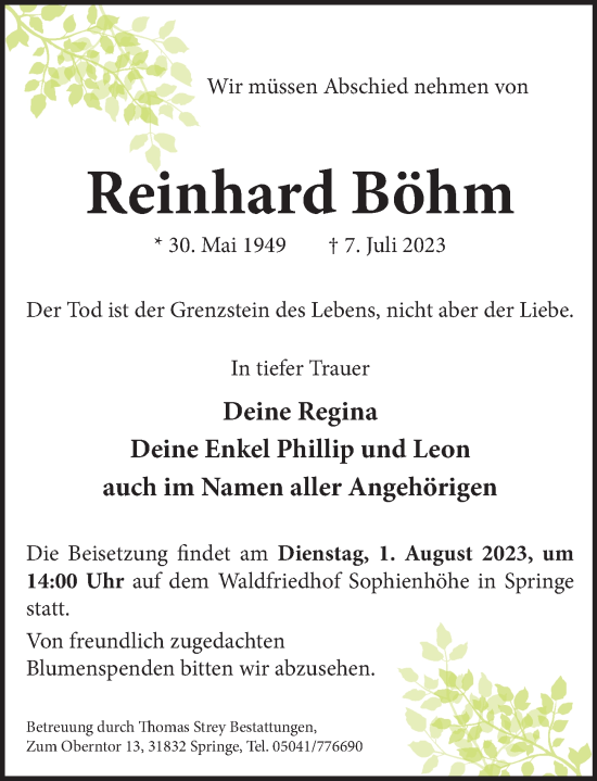 Traueranzeige von Reinhard Böhm von Neue Deister-Zeitung