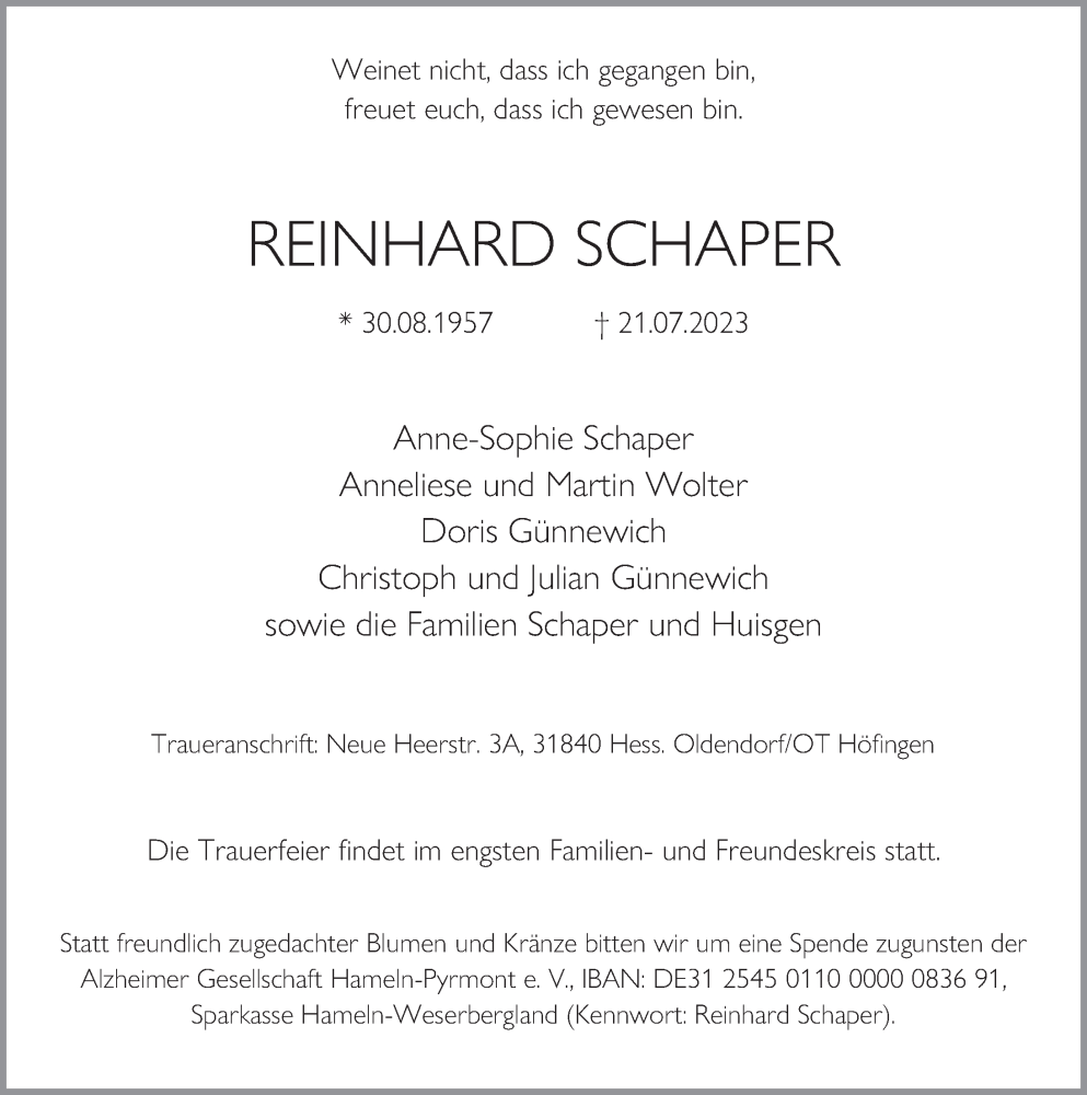  Traueranzeige für Reinhard Schaper vom 29.07.2023 aus Deister- und Weserzeitung