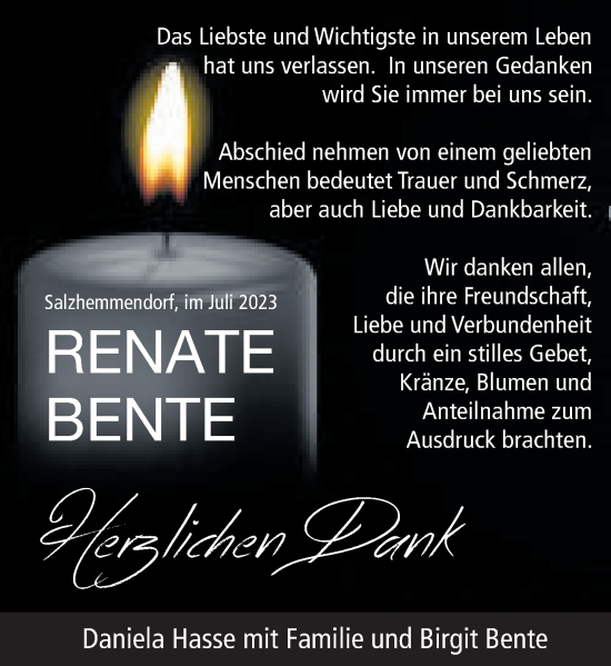 Traueranzeige von Renate Bente von Deister- und Weserzeitung