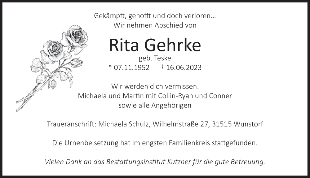  Traueranzeige für Rita Gehrke vom 07.07.2023 aus Deister- und Weserzeitung