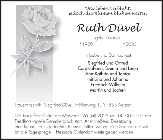 Traueranzeige von Ruth Düvel von Deister- und Weserzeitung