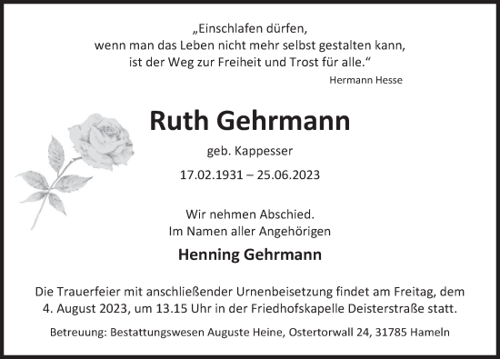 Traueranzeige von Ruth Gehrmann von Deister- und Weserzeitung