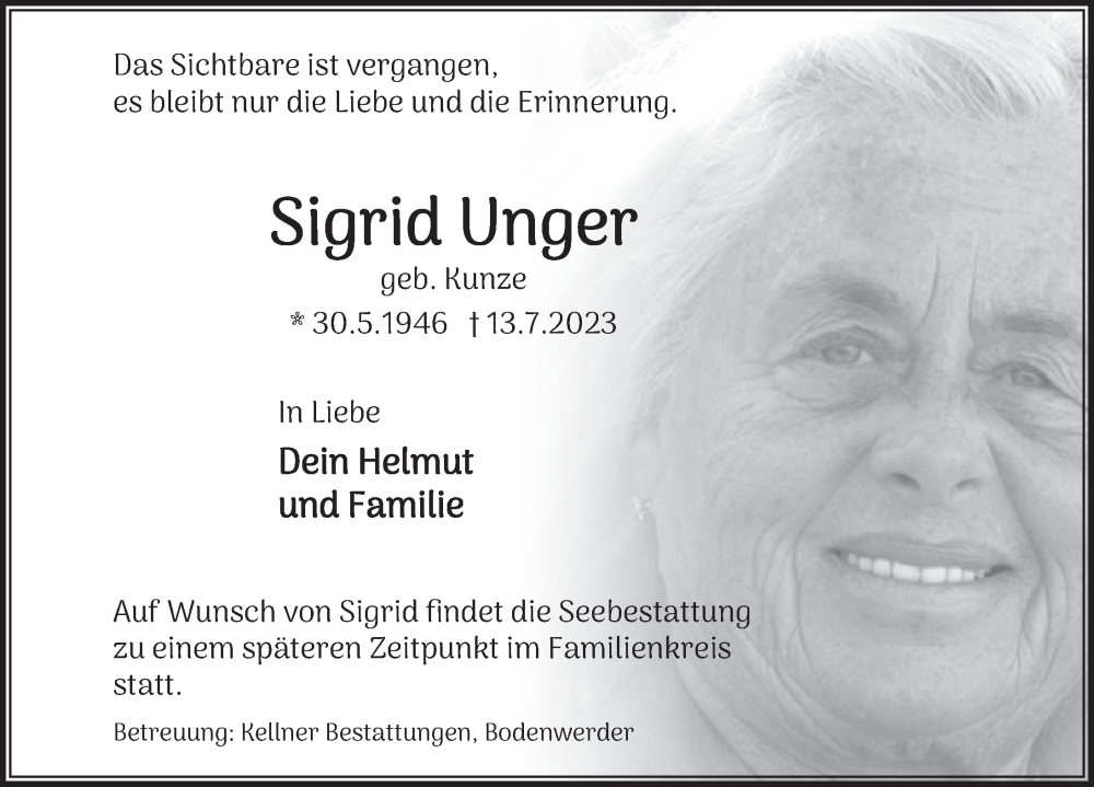  Traueranzeige für Sigrid Unger vom 22.07.2023 aus Deister- und Weserzeitung