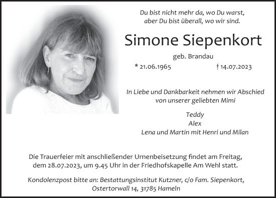 Traueranzeige von Simone Siepenkort von Deister- und Weserzeitung