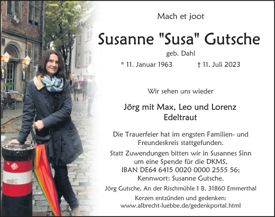 Traueranzeige von Susanne  Gutsche von Deister- und Weserzeitung