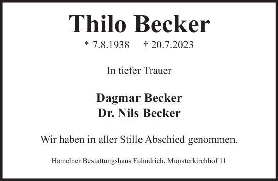 Traueranzeige von Thilo Becker von Deister- und Weserzeitung