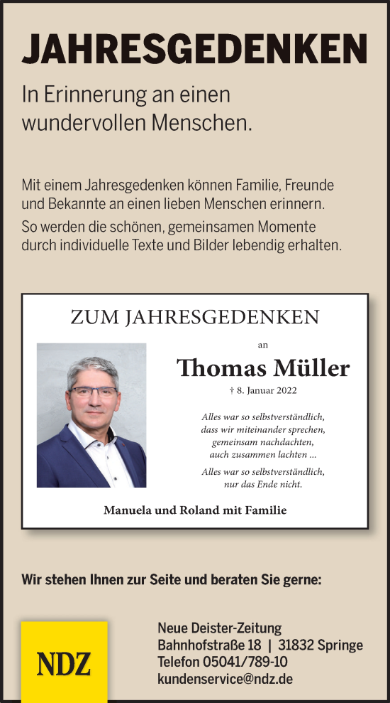 Traueranzeige von Thomas Müller von Neue Deister-Zeitung