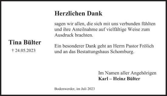 Traueranzeige von Tina Bülter von Deister- und Weserzeitung