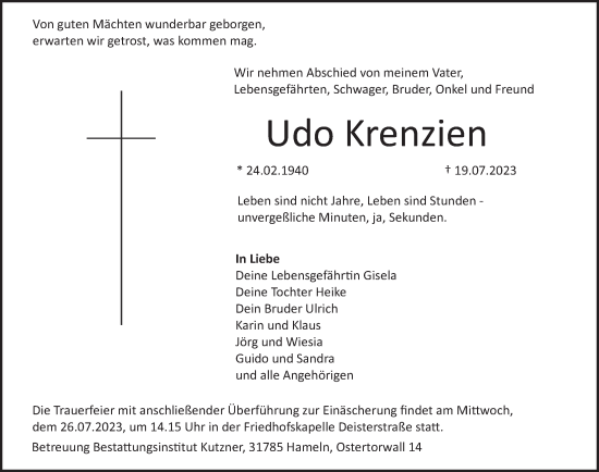 Traueranzeige von Udo Krenzien von Deister- und Weserzeitung