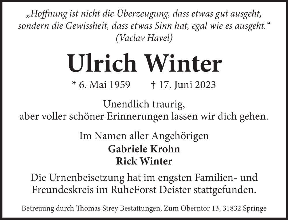  Traueranzeige für Ulrich Winter vom 29.07.2023 aus Neue Deister-Zeitung