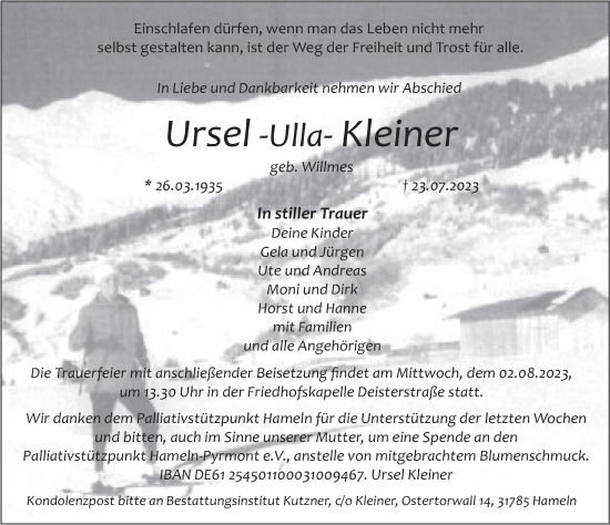 Traueranzeige von Ursel Kleiner von Deister- und Weserzeitung