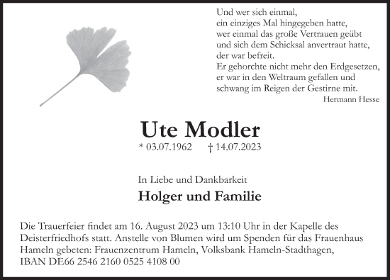 Traueranzeige von Ute Modler von Deister- und Weserzeitung
