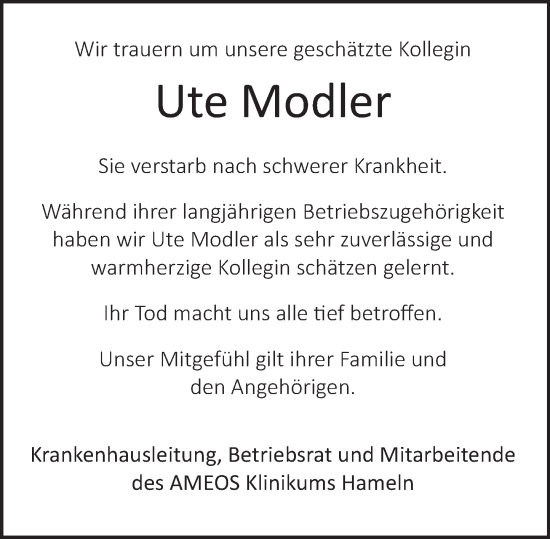 Traueranzeige von Ute Modler von Deister- und Weserzeitung