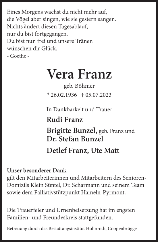 Traueranzeige von Vera Franz von Deister- und Weserzeitung